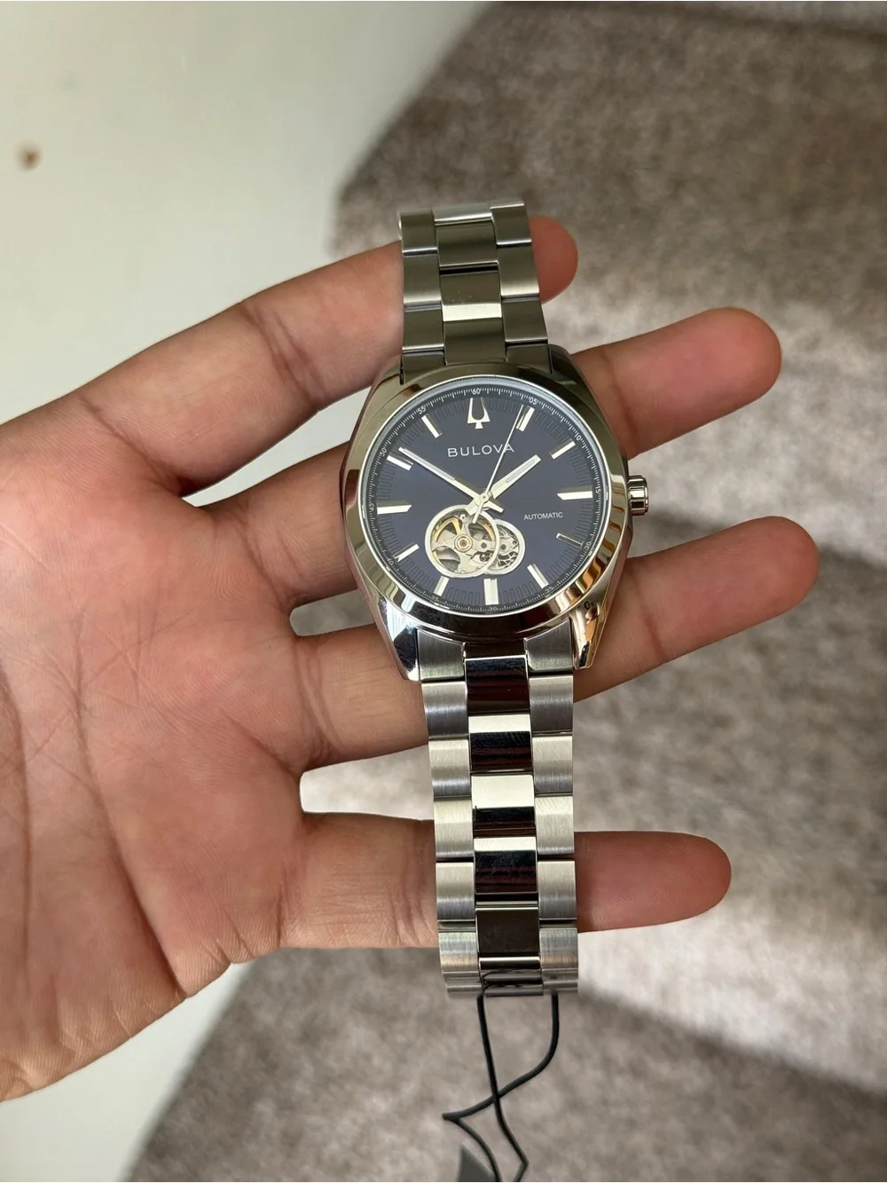 Bulova Silver Stainless Steel automatic men’s Watch with Blue Open-Heart Dial